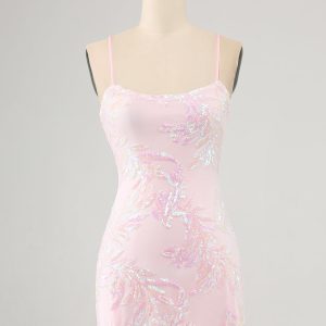 Sparkly Pink Spaghetti Straps Tight Mini Dress with Sequins