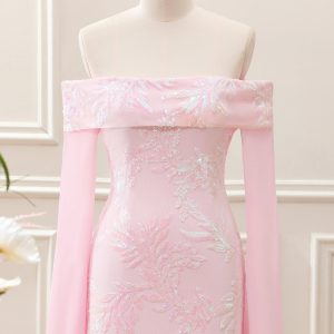 Sparkly Pink Off the Shoulder Sequined Tight Mini Dress with Long Sleeves