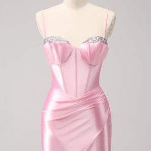 Sparkly Pink Spaghetti Straps Tight Mini Dress with Beading