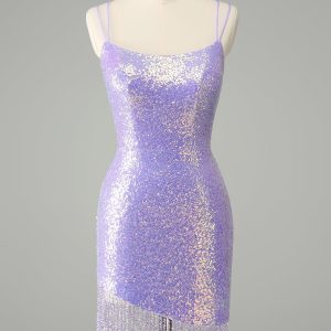 Sparkly Lilac Bodycon Sequins Mini Dress with Tassels