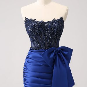 Sparkly Navy Strapless Beaded Appliques Tight Mini Dress
