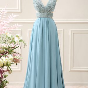 Sparkly Grey Green A Line V Neck Sequined Maxi Dress