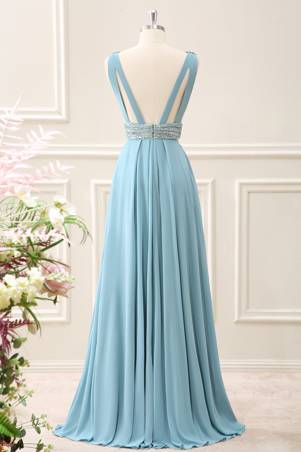 Sparkly Grey Green A Line V Neck Sequined Maxi Dress - Image 2