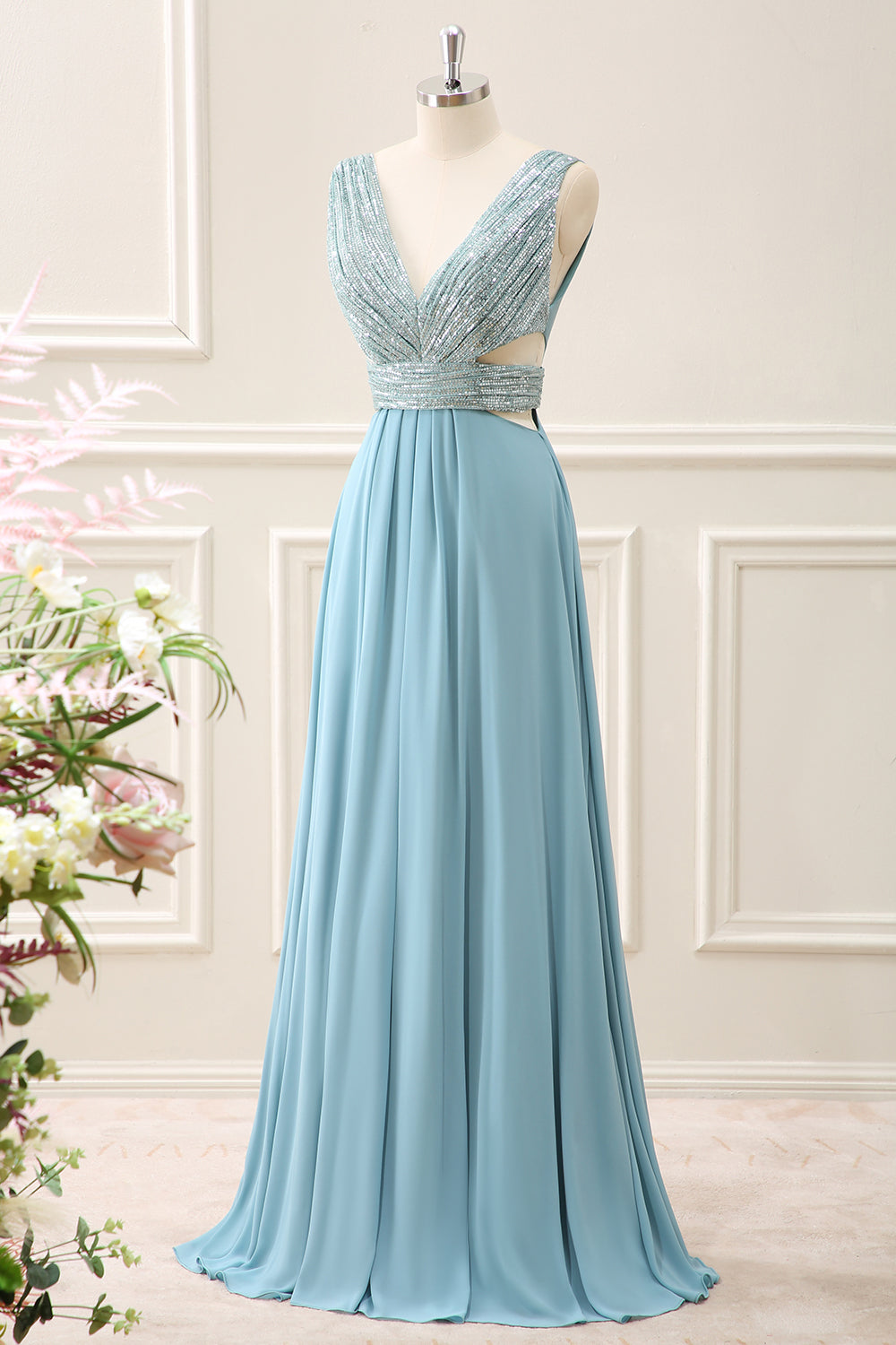 Sparkly Grey Green A Line V Neck Sequined Maxi Dress - Image 3
