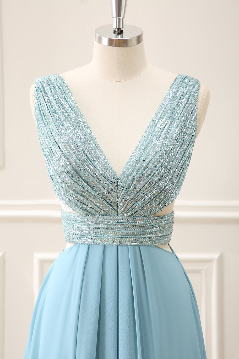 Sparkly Grey Green A Line V Neck Sequined Maxi Dress - Image 4