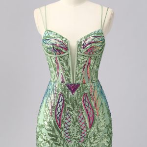 Sparkly Green Corset Tight Homecoming Dress with Lace-up Back