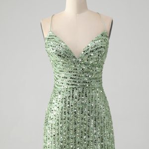 Sparkly Green Bodycon Sequins Lace Up Mini Dress