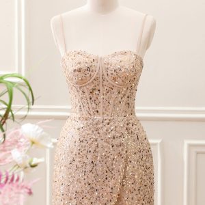 Sparkly Golden Sequined Corset Tight Spaghetti Straps Mini Dress