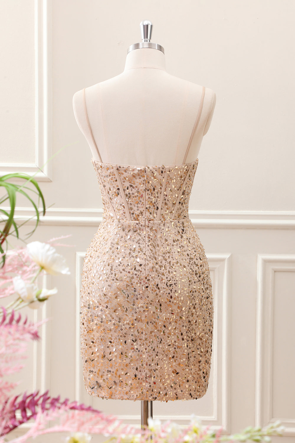 Sparkly Golden Sequined Corset Tight Spaghetti Straps Mini Dress - Image 2