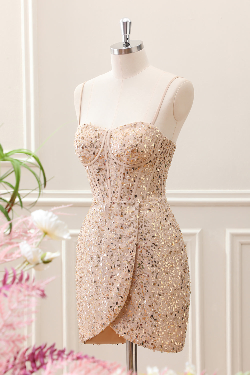 Sparkly Golden Sequined Corset Tight Spaghetti Straps Mini Dress - Image 3
