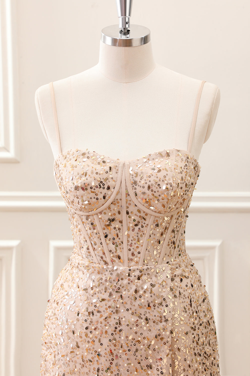 Sparkly Golden Sequined Corset Tight Spaghetti Straps Mini Dress - Image 4