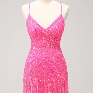Sparkly Hot Pink Tight Sequins V Neck Mini Dress with Fringes