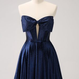 Sparkly Navy Beaded Corset Hollow Out Mini Dress With Bow