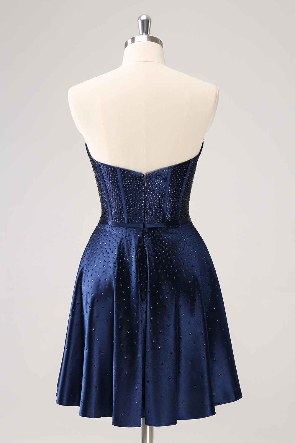 Sparkly Navy Beaded Corset Hollow Out Mini Dress With Bow - Image 2