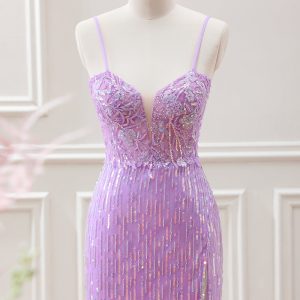 Sparkly Lilac Sequins Beaded Bodycon Mini Dress with Appliques