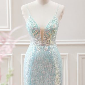 Sparkly Light Green Spaghetti Straps Beaded Sequined Slit Mini Dress