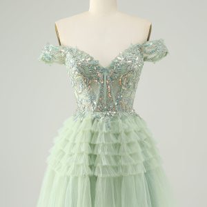 Sparkly Light Green A Line Off The Shoulder Corset Tulle Mini Dress
