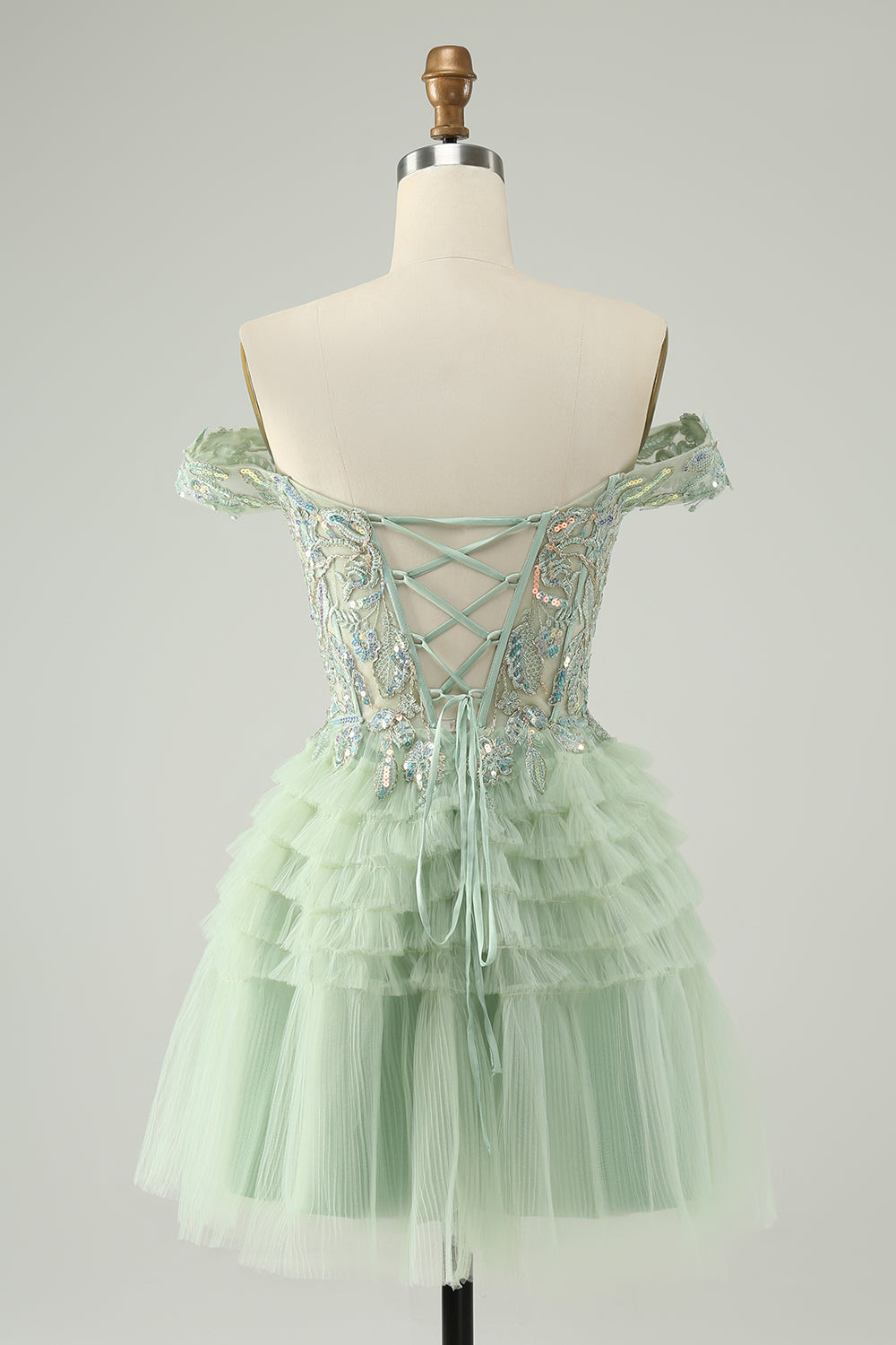 Sparkly Light Green A Line Off The Shoulder Corset Tulle Mini Dress - Image 2