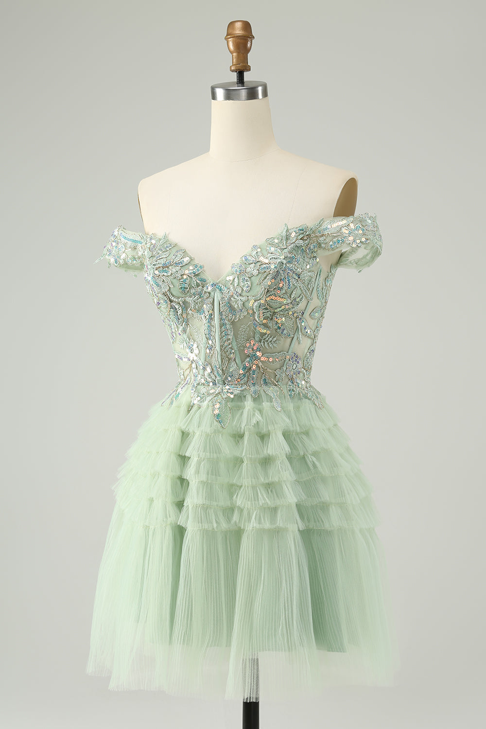 Sparkly Light Green A Line Off The Shoulder Corset Tulle Mini Dress - Image 3