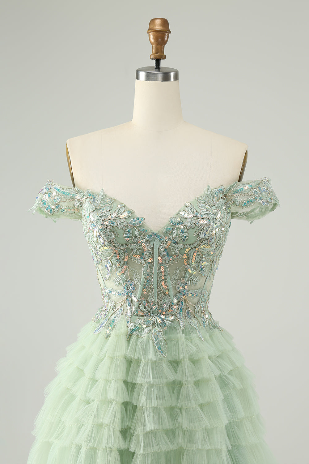 Sparkly Light Green A Line Off The Shoulder Corset Tulle Mini Dress - Image 4