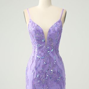 Sparkly Purple Spaghetti Straps Tight Mini Dress with Sequins