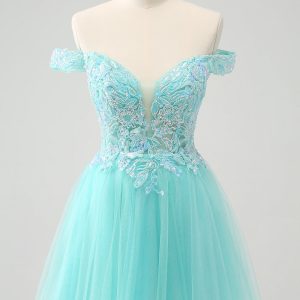 Sparkly Light Blue A Line Off The Shoulder Mini Dress