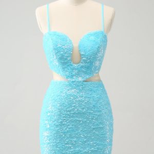 Sparkly Light Blue Spaghetti Straps Sequin Tight Mini Dress with Hollow Out