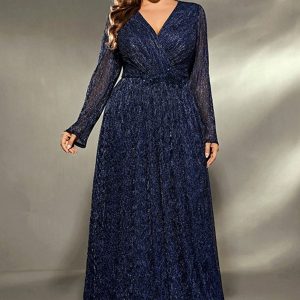 Sparkly Navy Plus Size V Neck Maxi Dress with Long Sleeves