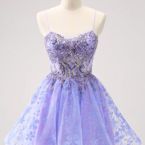 Sparkly Lilac A Line Spaghetti Straps Mini Dress with Sequins