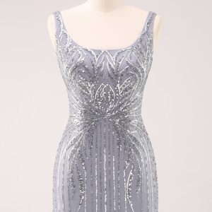 Sparkly Grey Square Neck Tight Mini Dress with Sequins