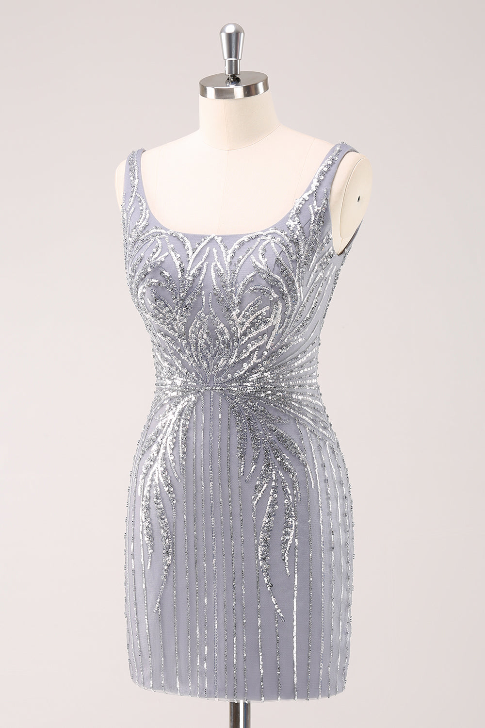 Sparkly Grey Square Neck Tight Mini Dress with Sequins - Image 3