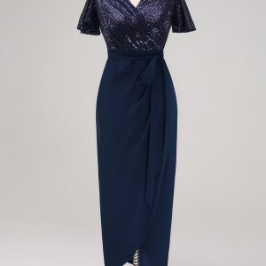 Sparkly Navy Sequined Ruched Wrap Dress with Short Sleeves