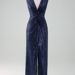 Sparkly Navy V Neck Sheath Tea Length Dress with Slit