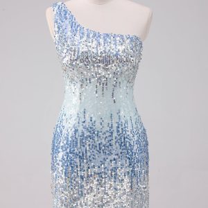 Sparkly Light Blue One Shoulder Sequins Bodycon Mini Dress