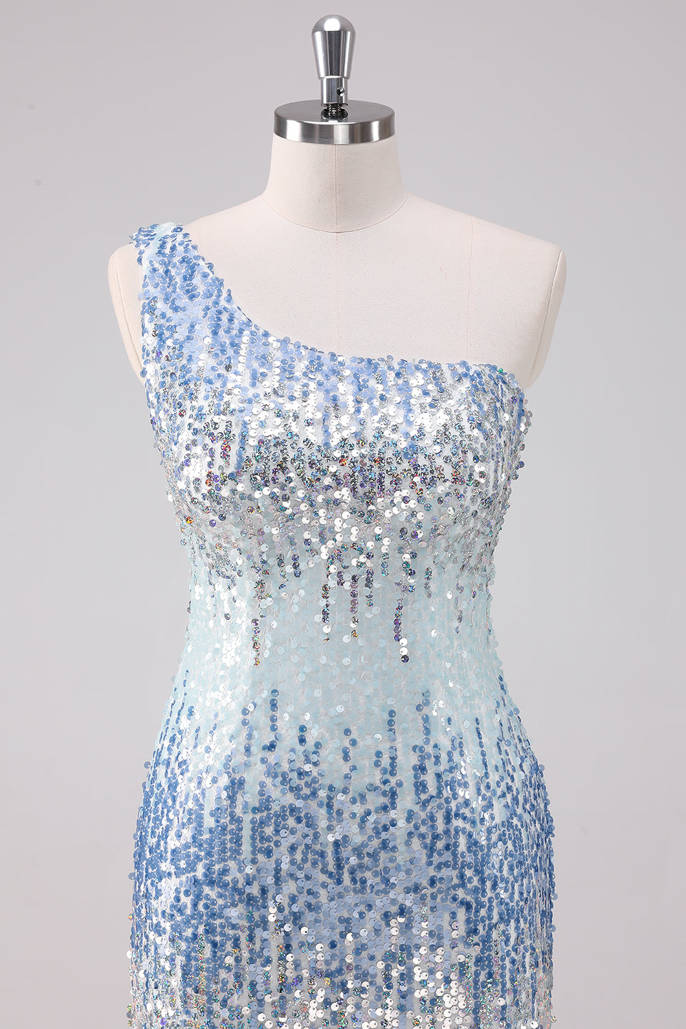 Sparkly Light Blue One Shoulder Sequins Bodycon Mini Dress - Image 4