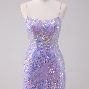 Sparkly Purple Bodycon Spaghetti Straps Sequins Mini Dress