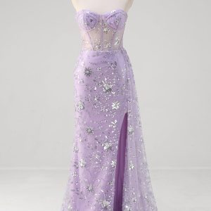Sparkly Light Purple Corset Mermaid Strapless Prom Dress with Slit