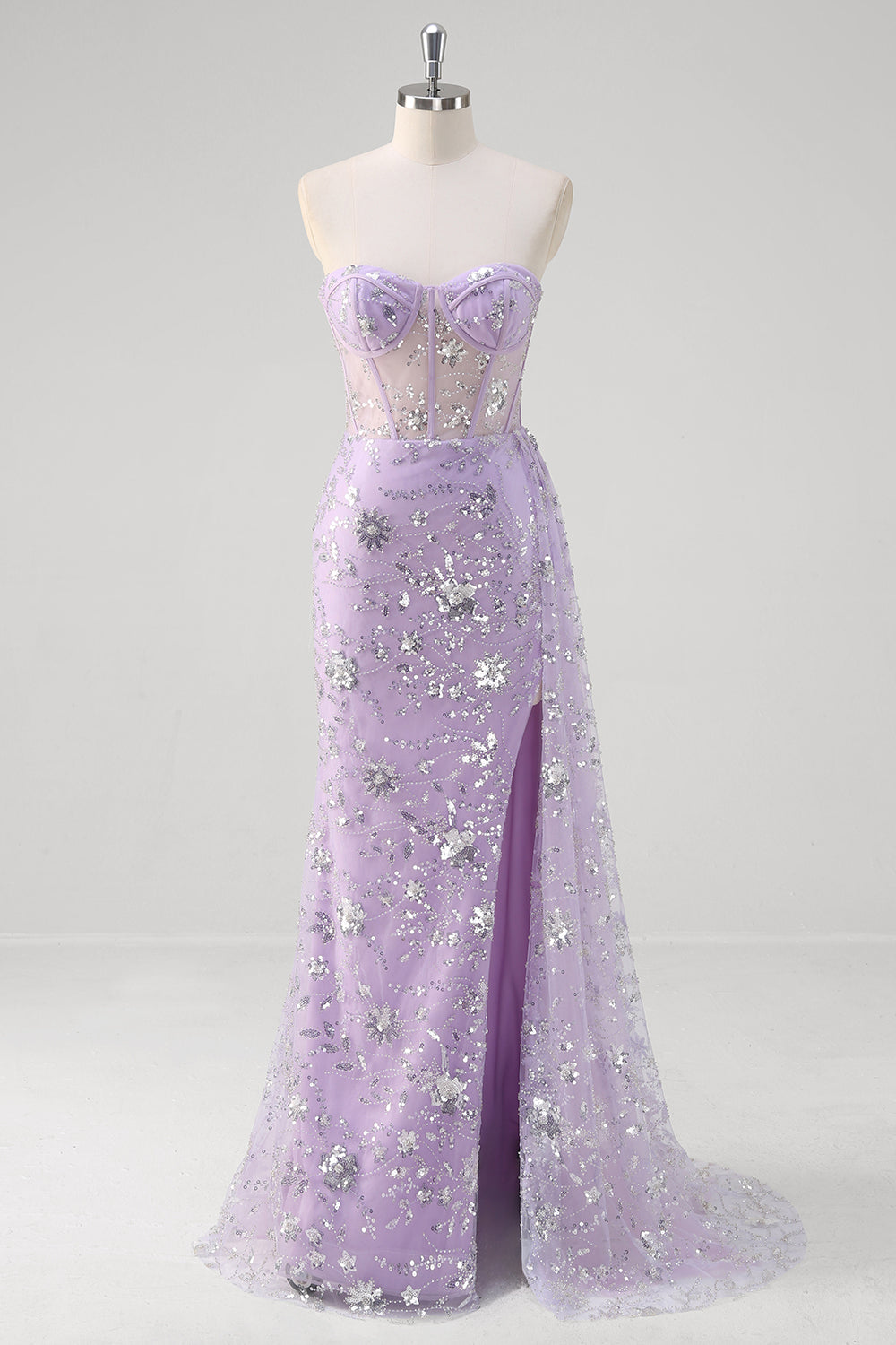 Sparkly Light Purple Corset Mermaid Strapless Prom Dress with Slit