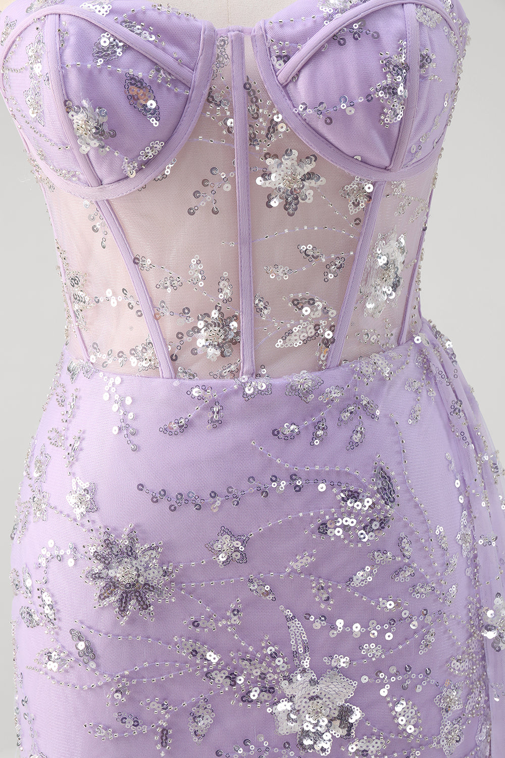 Sparkly Light Purple Corset Mermaid Strapless Prom Dress with Slit - Image 6