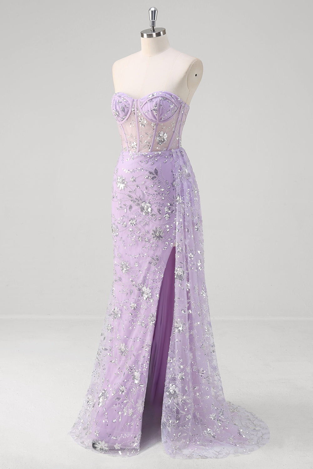 Sparkly Light Purple Corset Mermaid Strapless Prom Dress with Slit - Image 3
