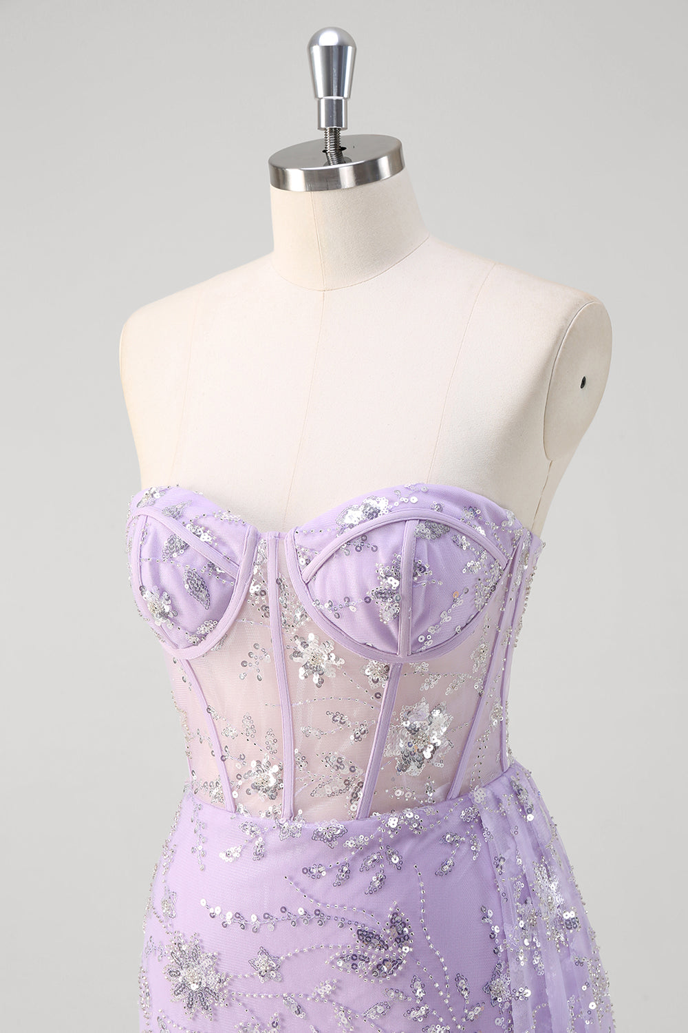 Sparkly Light Purple Corset Mermaid Strapless Prom Dress with Slit - Image 5