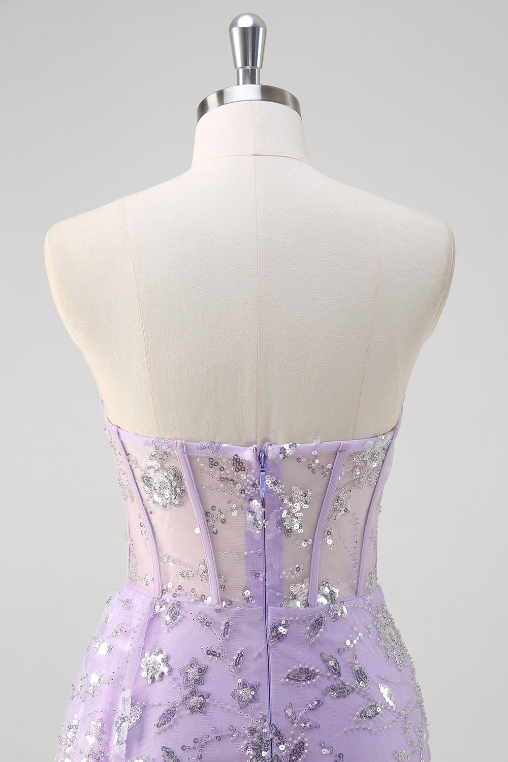 Sparkly Light Purple Corset Mermaid Strapless Prom Dress with Slit - Image 4
