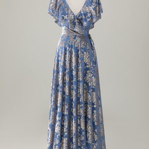 Sparkly Grey Blue Print Ruffled V Neck Pleated Maxi Dress