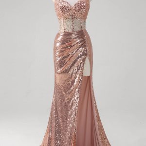 Sparkly Rose Golden Corset Strapless Floor Length Prom Dress with Slit