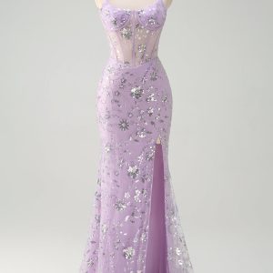 Sparkly Lilac Corset Mermaid Slit Prom Dress with Lace-up Back