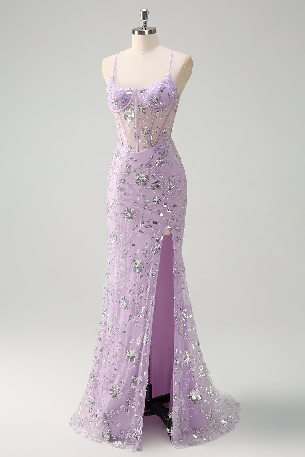 Sparkly Lilac Corset Mermaid Slit Prom Dress with Lace-up Back - Image 3