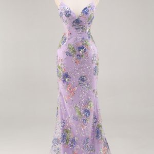 Sparkly Lilac Mermaid Appliqued Prom Dress with Sequins