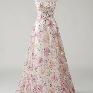 Sparkly Pink A-Line Strapless Sequin Floral Long Prom Dress