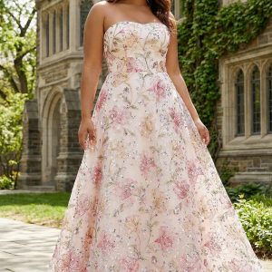 Sparkly Pink Floral A-Line Strapless Plus Size Maxi Prom Dress