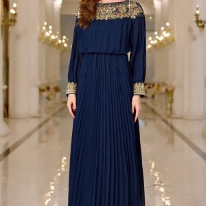 Sparkly Navy Sheath Pleated Maxi Dress with Long Sleeves